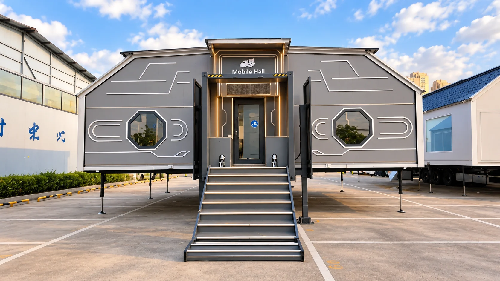 Expanded mobile event hall with entrance stairs, photographed in daylight